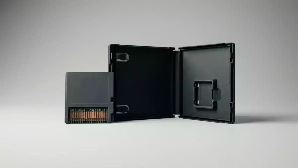 Fotorealistische Studioansicht von Konsolenspiel in neutraler Produktdarstellung