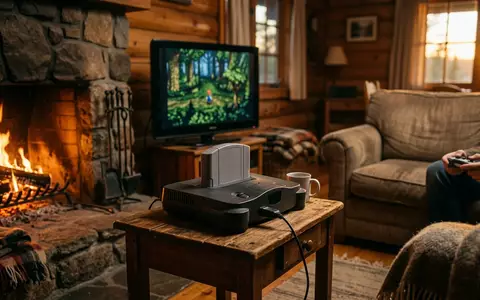 Fotorealistische Aufnahme von Konsolenspiel in der Huette zum Thema Minecraft, warmes Abendlicht - Foto: THN