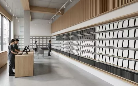 Architektur-Render im Spielefachgeschaeft mit Konsolenspiel zum Thema Nintendo Switch Sports, neutrales Tageslicht - Foto: THN