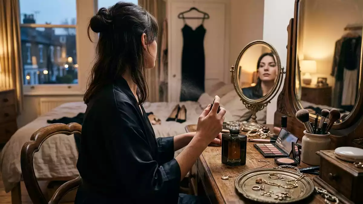 Fotorealistische Ansicht von Eau de Parfum am Schminktisch in realer Umgebung, neutral