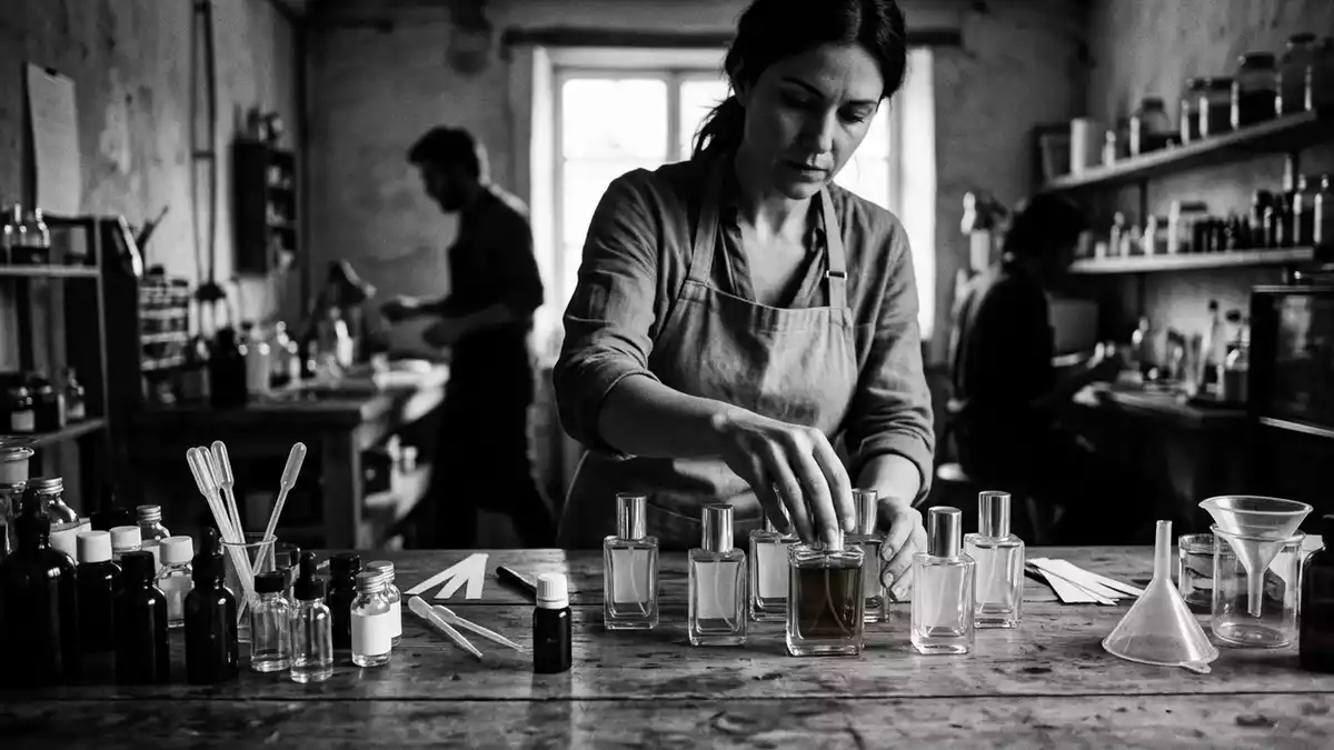 Schwarzweiss-Reportagebild mit Eau de Parfum in dokumentarischer Arbeitsumgebung