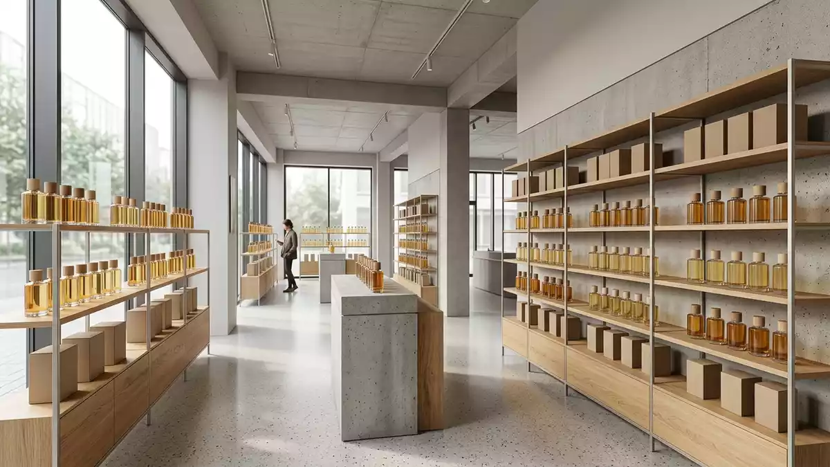 Architektur-Render im Parfuemeriefachhandel mit Eau de Parfum im Ausstellungsbereich