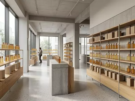 Architektur-Render im Parfuemeriefachhandel mit Eau de Parfum zum Thema Tom Ford Oud Wood, neutrales Tageslicht - Foto: THN