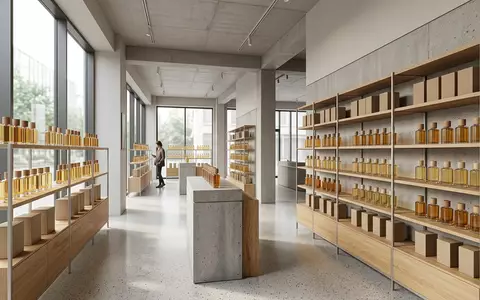 Architektur-Render im Parfuemeriefachhandel mit Eau de Parfum zum Thema Tom Ford Oud Wood, neutrales Tageslicht - Foto: THN