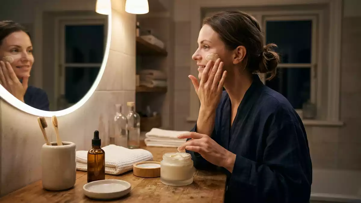Fotorealistische Ansicht von Gesichtscreme im Badezimmer in realer Umgebung, neutral