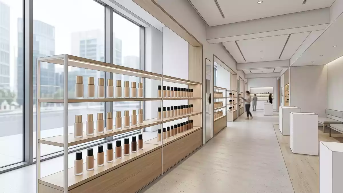 Architektur-Render im Kosmetikfachhandel mit Fluessig Foundation im Ausstellungsbereich