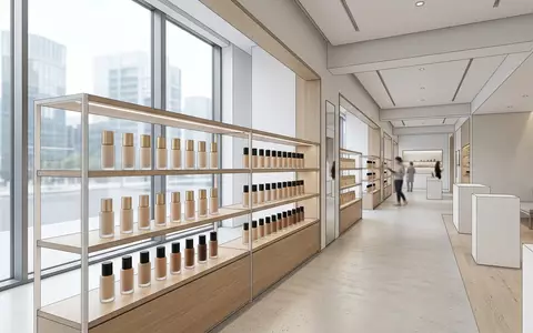 Architektur-Render im Kosmetikfachhandel mit Fluessig Foundation zum Thema Estée Lauder Double Wear, neutrales Tageslicht - Foto: THN