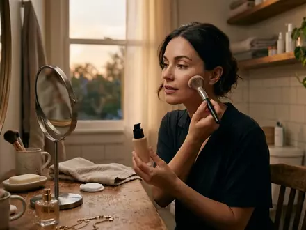 Fotorealistische Aufnahme von Fluessig Foundation im Badezimmer zum Thema Estée Lauder Double Wear, warmes Abendlicht - Foto: THN