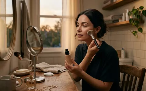 Fotorealistische Aufnahme von Fluessig Foundation im Badezimmer zum Thema Estée Lauder Double Wear, warmes Abendlicht - Foto: THN