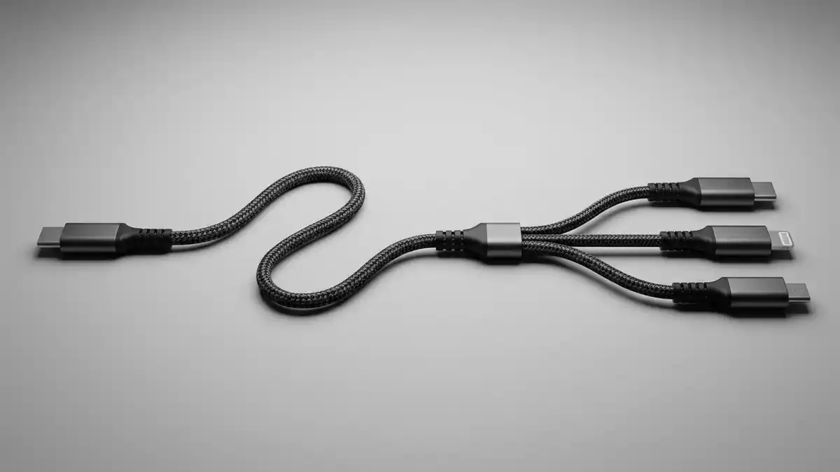 Fotorealistische Studioansicht von Mehrfach Ladekabel in neutraler Produktdarstellung
