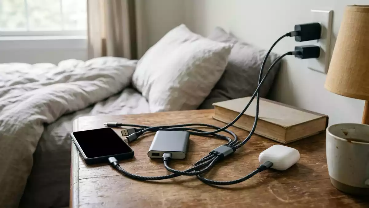 Fotorealistische Ansicht von Mehrfach Ladekabel am Nachttisch in realer Umgebung