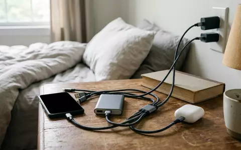 Fotorealistische Aufnahme von Mehrfach Ladekabel am Nachttisch zum Thema Baseus 3-in-1 Kabel USB-C, natuerliches Licht - Foto: THN