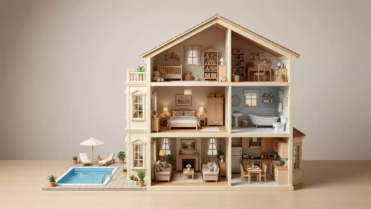 Fotorealistische Studioansicht von Puppenhaus in neutraler Produktdarstellung, neutral
