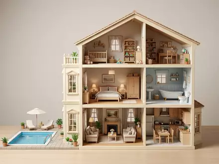 Fotorealistische Studioaufnahme von Puppenhaus zum Thema Barbie Traumvilla Puppenhaus mit, klare Lichtfuehrung - Foto: THN