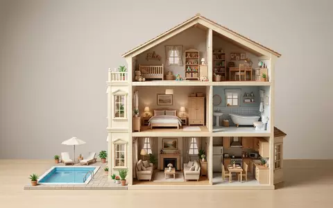 Fotorealistische Studioaufnahme von Puppenhaus zum Thema Barbie Traumvilla Puppenhaus mit, klare Lichtfuehrung - Foto: THN