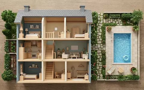 Flatlay-Arrangement rund um Puppenhaus zum Thema Barbie Traumvilla Puppenhaus mit, weiches Oberlicht - Foto: THN