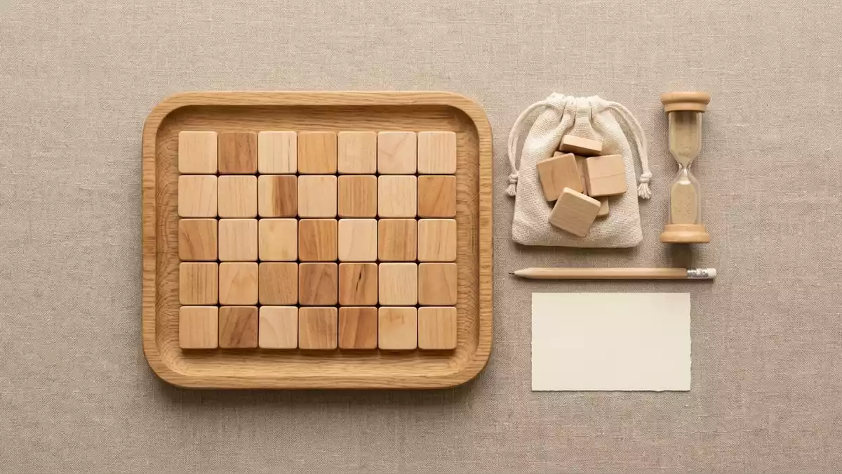 Flatlay-Arrangement rund um Buchstabenspiel mit passenden Requisiten von oben, neutral