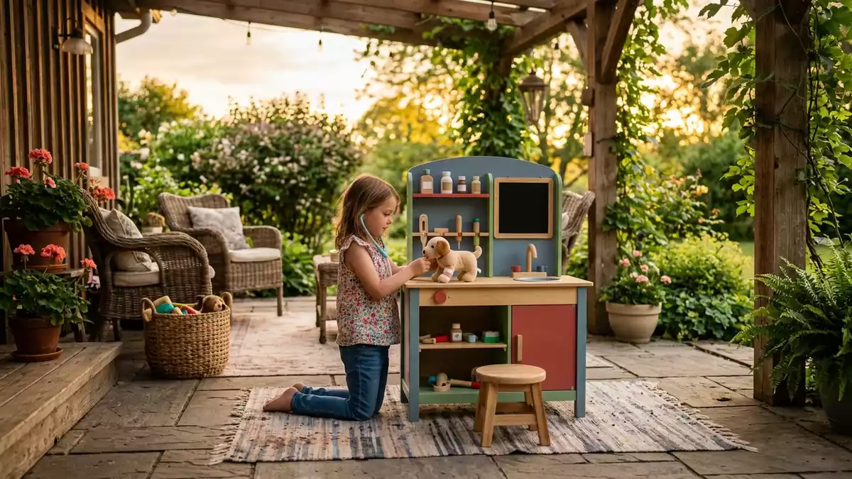 Fotorealistische Ansicht von Tieraerztin Spielset auf der Terrasse in warmem Abendlicht