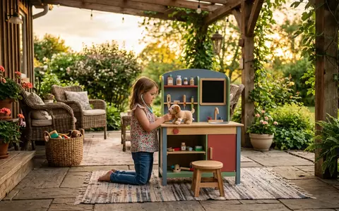 Fotorealistische Aufnahme von Tieraerztin Spielset auf der Terrasse zum Thema Barbie Careers Tierärztin Spielset - Foto: THN