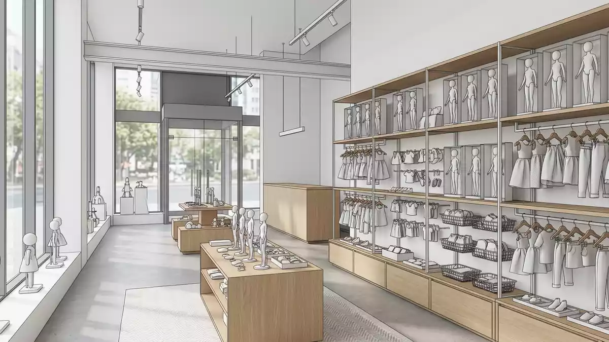 Architektur-Render im Kinder Spielwarenladen mit Modepuppe im Ausstellungsbereich