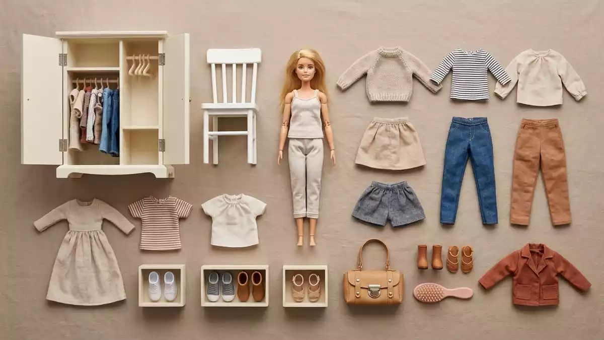 Flatlay-Arrangement rund um Modepuppe mit passenden Requisiten von oben, neutral