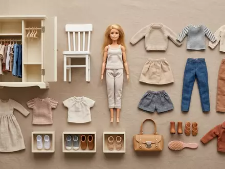 Flatlay-Arrangement rund um Modepuppe zum Thema Barbie Fashionistas Puppe, weiches Oberlicht, sachlich dargestellt - Foto: THN