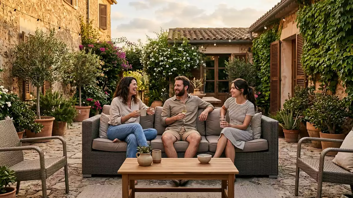 Fotorealistische Ansicht von Gartensofa im Innenhof in warmem Abendlicht, neutral