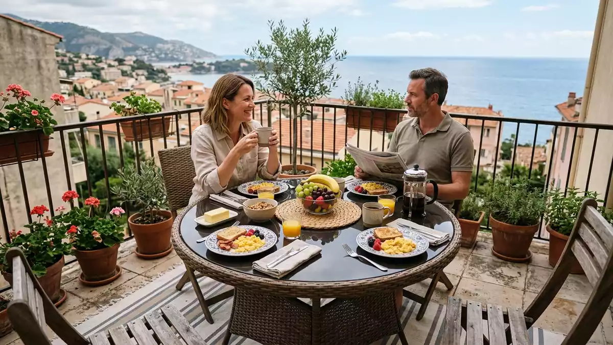 Fotorealistische Ansicht von Gartentisch auf dem Balkon in realer Umgebung, neutral