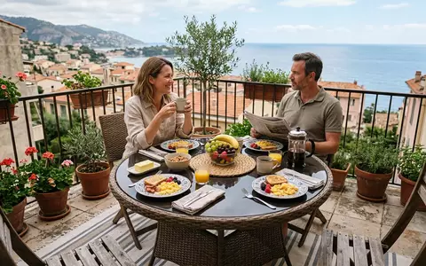 Fotorealistische Aufnahme von Gartentisch auf dem Balkon zum Thema Beliani Gartentisch Rund Polyrattan, natuerliches Licht - Foto: THN