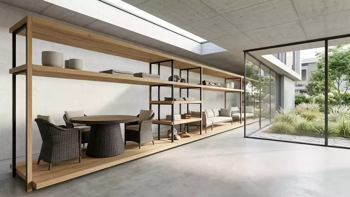 Architektur-Render im Gartenmoebelhaus mit Gartentisch im Ausstellungsbereich, neutral