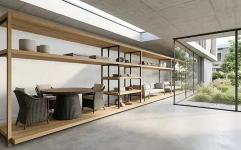 Architektur-Render im Gartenmoebelhaus mit Gartentisch zum Thema Beliani Gartentisch Rund Polyrattan, neutrales Tageslicht - Foto: THN