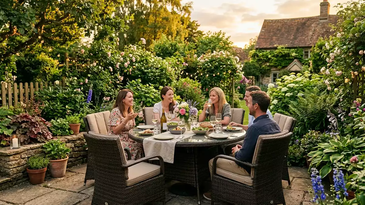 Fotorealistische Ansicht von Gartentisch im Garten in warmem Abendlicht, neutral