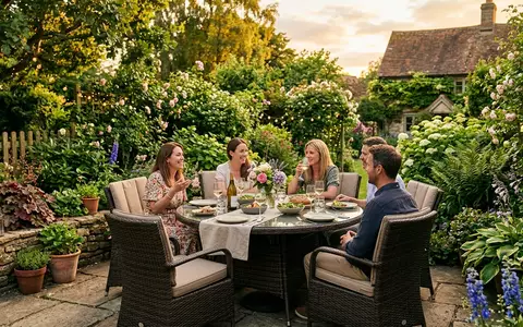Fotorealistische Aufnahme von Gartentisch im Garten zum Thema Beliani Gartentisch Rund Polyrattan, warmes Abendlicht - Foto: THN
