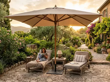 Fotorealistische Aufnahme von Sonnenschirm im Garten zum Thema Schneider Sonnenschirm Locarno 300x300cm, warmes Abendlicht - Foto: THN