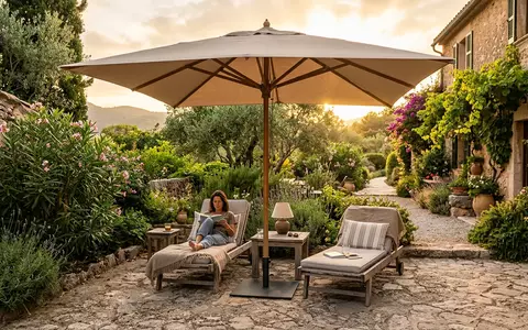 Fotorealistische Aufnahme von Sonnenschirm im Garten zum Thema Schneider Sonnenschirm Locarno 300x300cm, warmes Abendlicht - Foto: THN