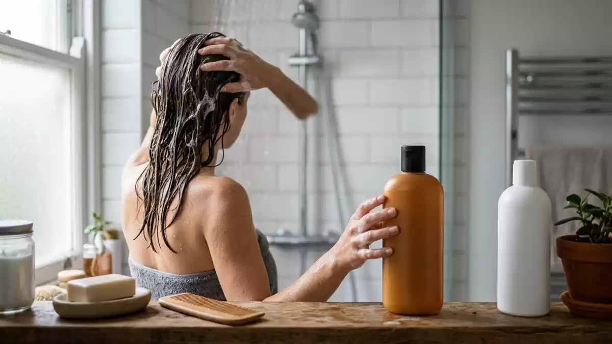Fotorealistische Ansicht von Shampoo beim Haarewaschen in realer Umgebung, neutral