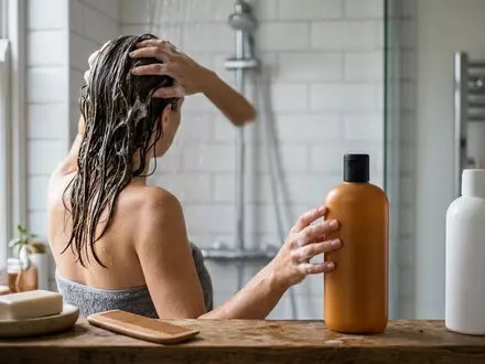 Fotorealistische Aufnahme von Shampoo beim Haarewaschen zum Thema Schwarzkopf Essence Ultime Omega, natuerliches Licht - Foto: THN