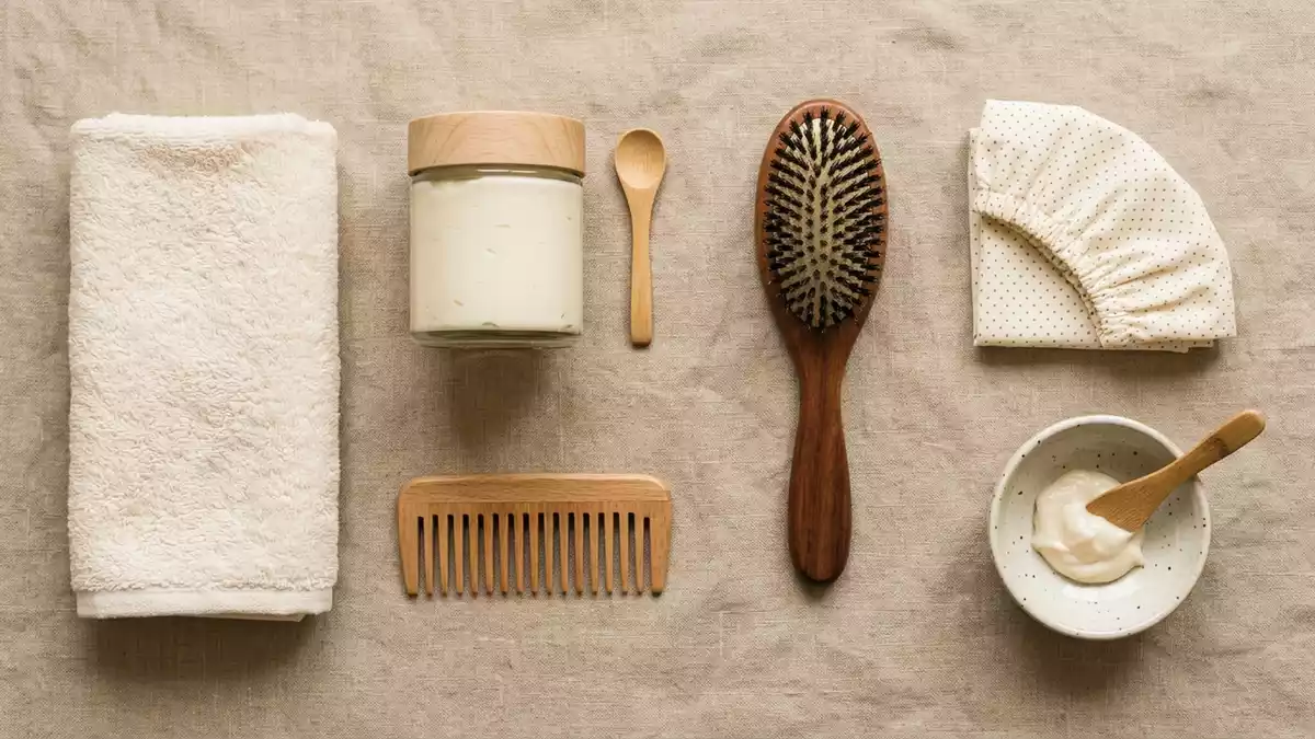 Flatlay-Arrangement rund um Haarmaske mit passenden Requisiten von oben, neutral