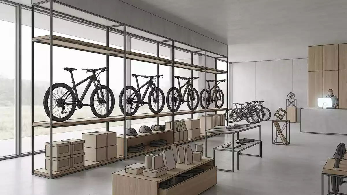 Architektur-Render im Fahrradgeschaeft mit Mountainbike im Ausstellungsbereich