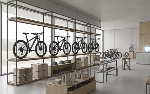 Architektur-Render im Fahrradgeschaeft mit Mountainbike zum Thema Scott Aspect 950 Mountainbike, neutrales Tageslicht - Foto: THN