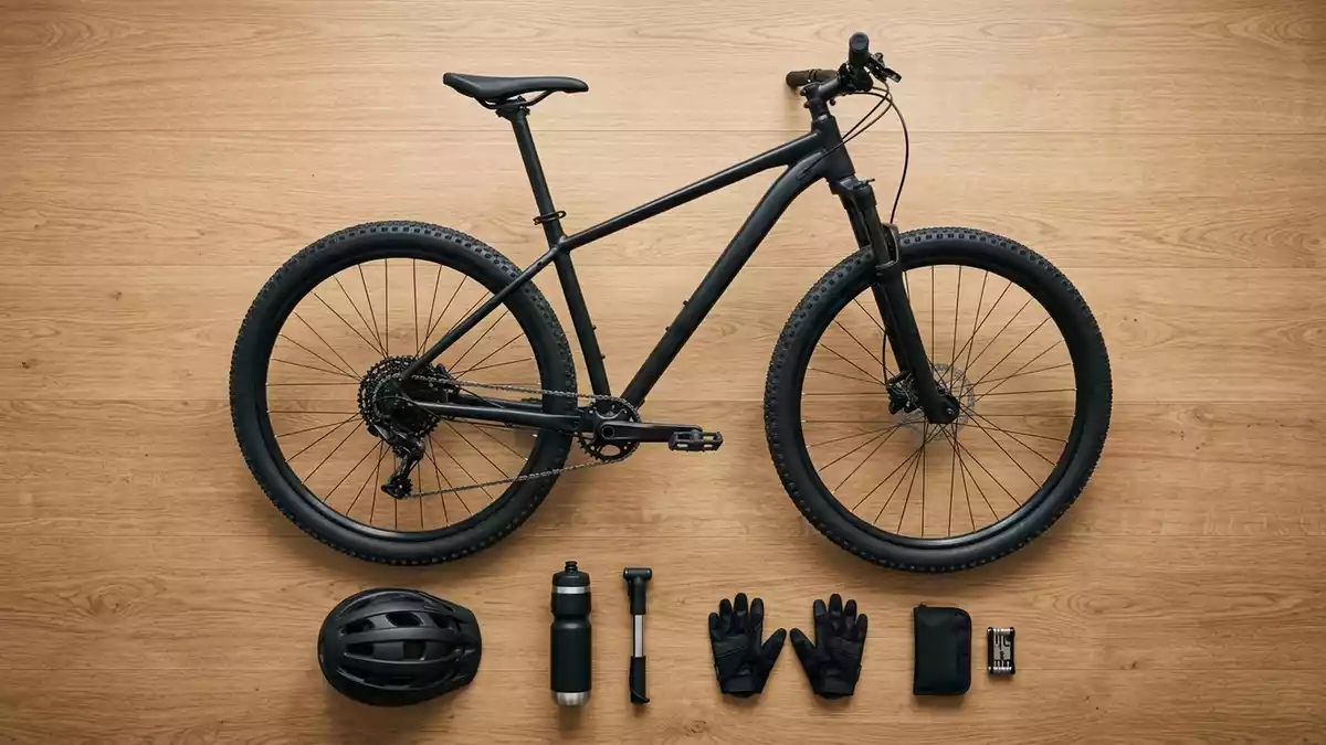 Flatlay-Arrangement rund um Mountainbike mit passenden Requisiten von oben, neutral