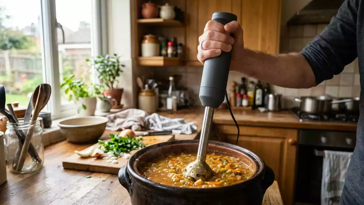 Fotorealistische Ansicht von Stabmixer in der Kueche in realer Umgebung, neutral