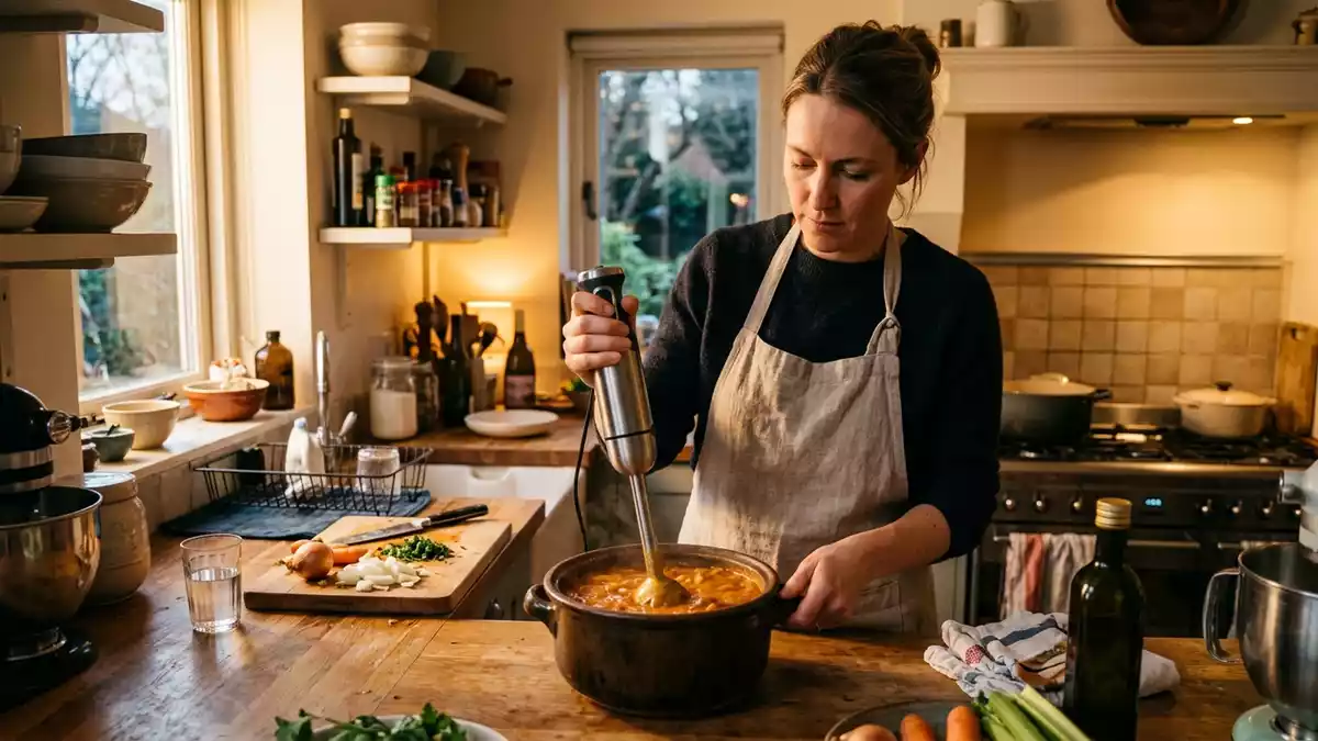 Fotorealistische Ansicht von Stabmixer beim Kochen in warmem Abendlicht, neutral