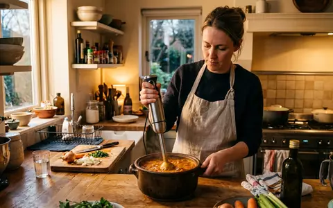 Fotorealistische Aufnahme von Stabmixer beim Kochen zum Thema Bosch Stabmixer ErgoMixx MSM66150, warmes Abendlicht - Foto: THN