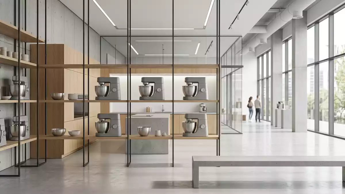 Architektur-Render im Kuechengeraetefachgeschaeft mit Kuechenmaschine im Ausstellungsbereich