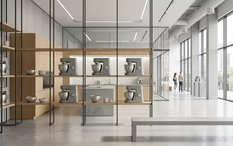 Architektur-Render im Kuechengeraetefachgeschaeft mit Kuechenmaschine zum Thema Bosch MUM5 Küchenmaschine CreationLine, neutrales Tageslicht - Foto: THN