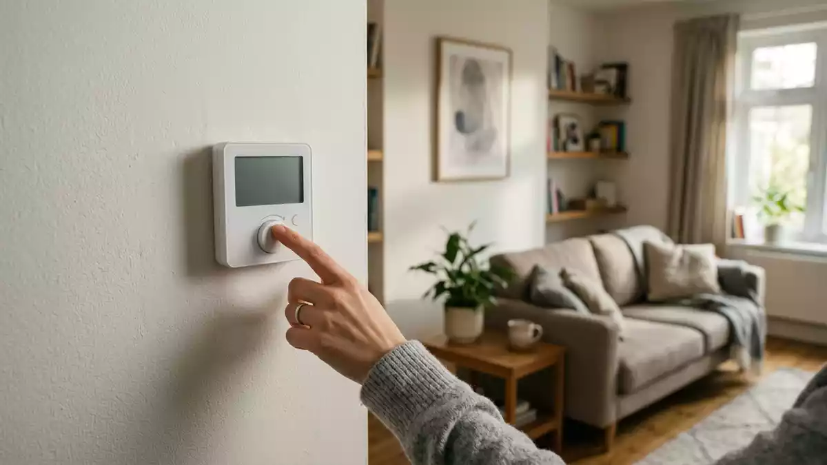 Fotorealistische Ansicht von Raumthermostat im Wohnzimmer in realer Umgebung, neutral