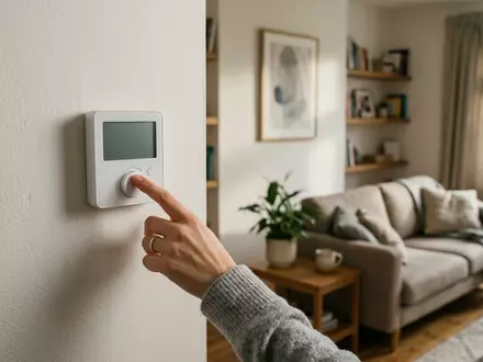 Fotorealistische Aufnahme von Raumthermostat im Wohnzimmer zum Thema Bosch Smart Home Raumthermostat, natuerliches Licht - Foto: THN