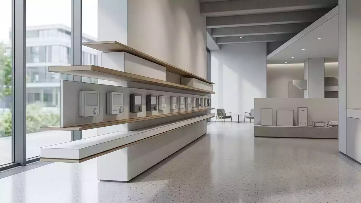 Architektur-Render im Heiztechnikfachgeschaeft mit Raumthermostat im Ausstellungsbereich