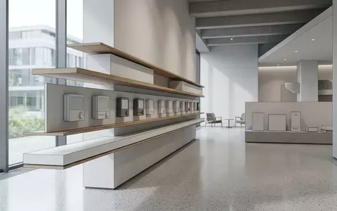Architektur-Render im Heiztechnikfachgeschaeft mit Raumthermostat zum Thema Bosch Smart Home Raumthermostat, neutrales Tageslicht - Foto: THN